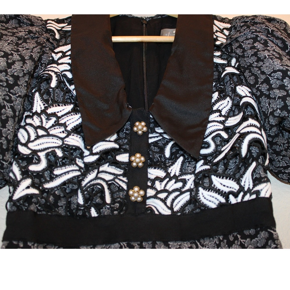 Anthropologie Floral Lace Puff Sleeve Mini Dress Women XS Black White - Picture 4 of 4